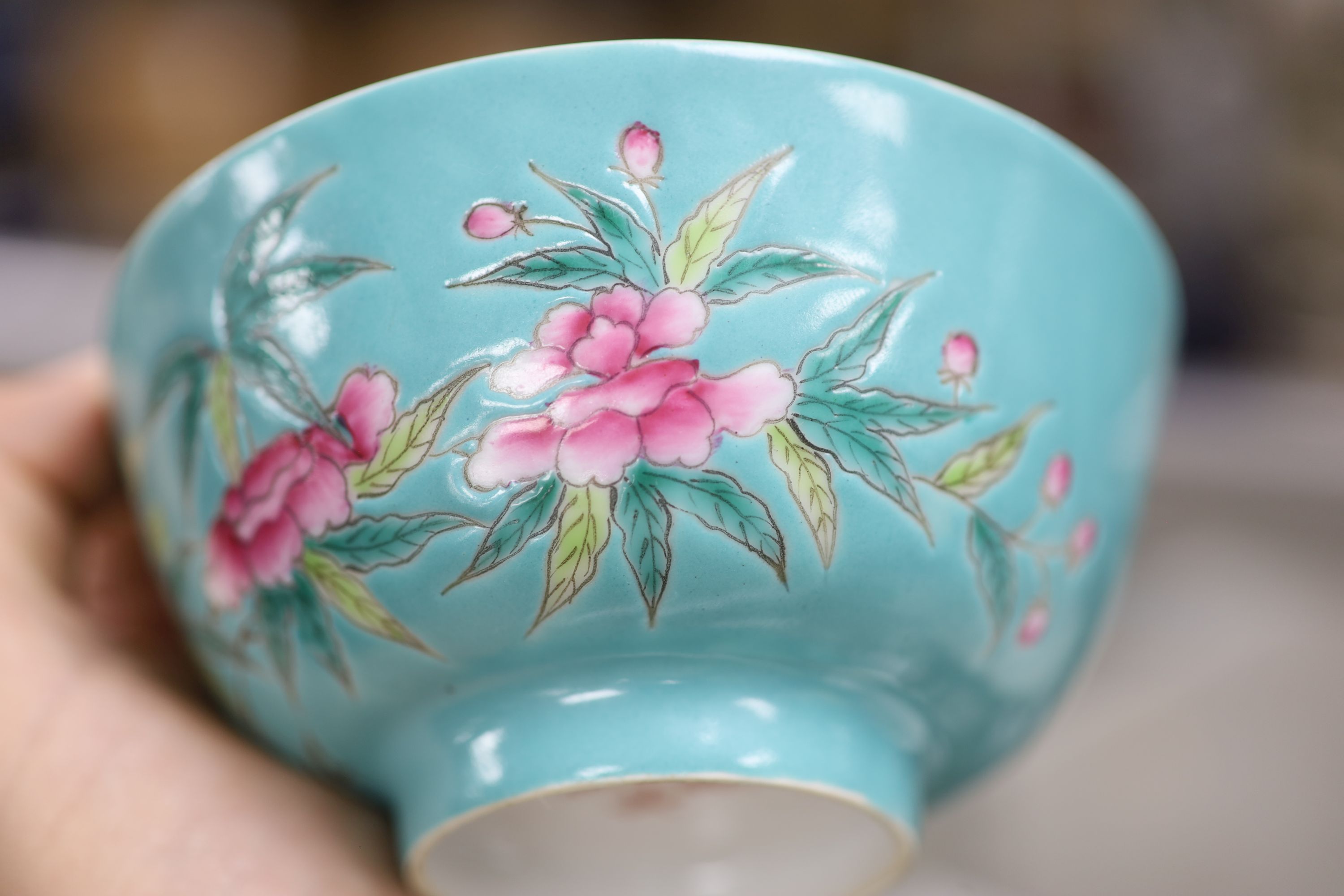 A pair of Chinese turquoise ground bowls, diameter 12cm